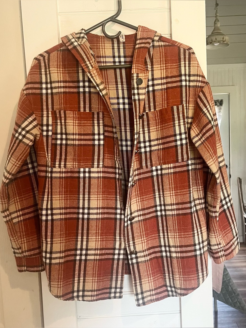 ePretty Rust & Cream Plaid Hooded Shacket for Women